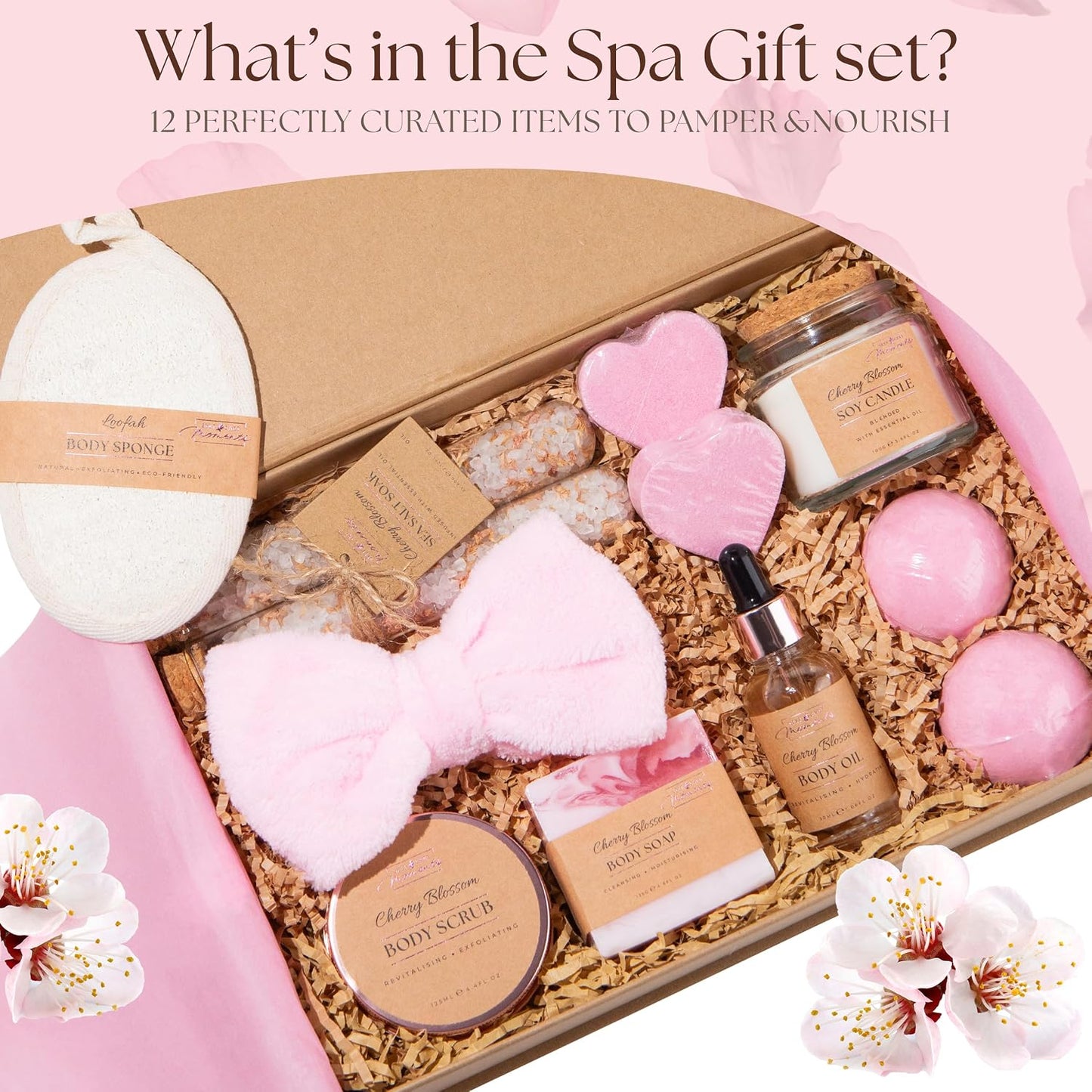 Birthday Gifts for Women with Cherry Blossom - 12 Piece Luxury Spa Gift Set for Her - Relaxation Pamper Hamper Bath Sets - Pamper Gifts for Women