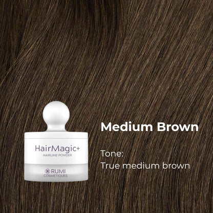 Rumi Cosmetiques HairMagic+ Root Touch Up Powder for Mature Women – Instant Gray Hair Coverage &amp; Hairline Filler – Water-Resistant, Natural Finish, with Argan Oil &amp; Vitamin E (Medium Brown)