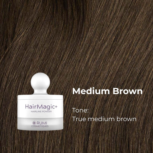 Rumi Cosmetiques HairMagic+ Root Touch Up Powder for Mature Women – Instant Gray Hair Coverage &amp; Hairline Filler – Water-Resistant, Natural Finish, with Argan Oil &amp; Vitamin E (Medium Brown)