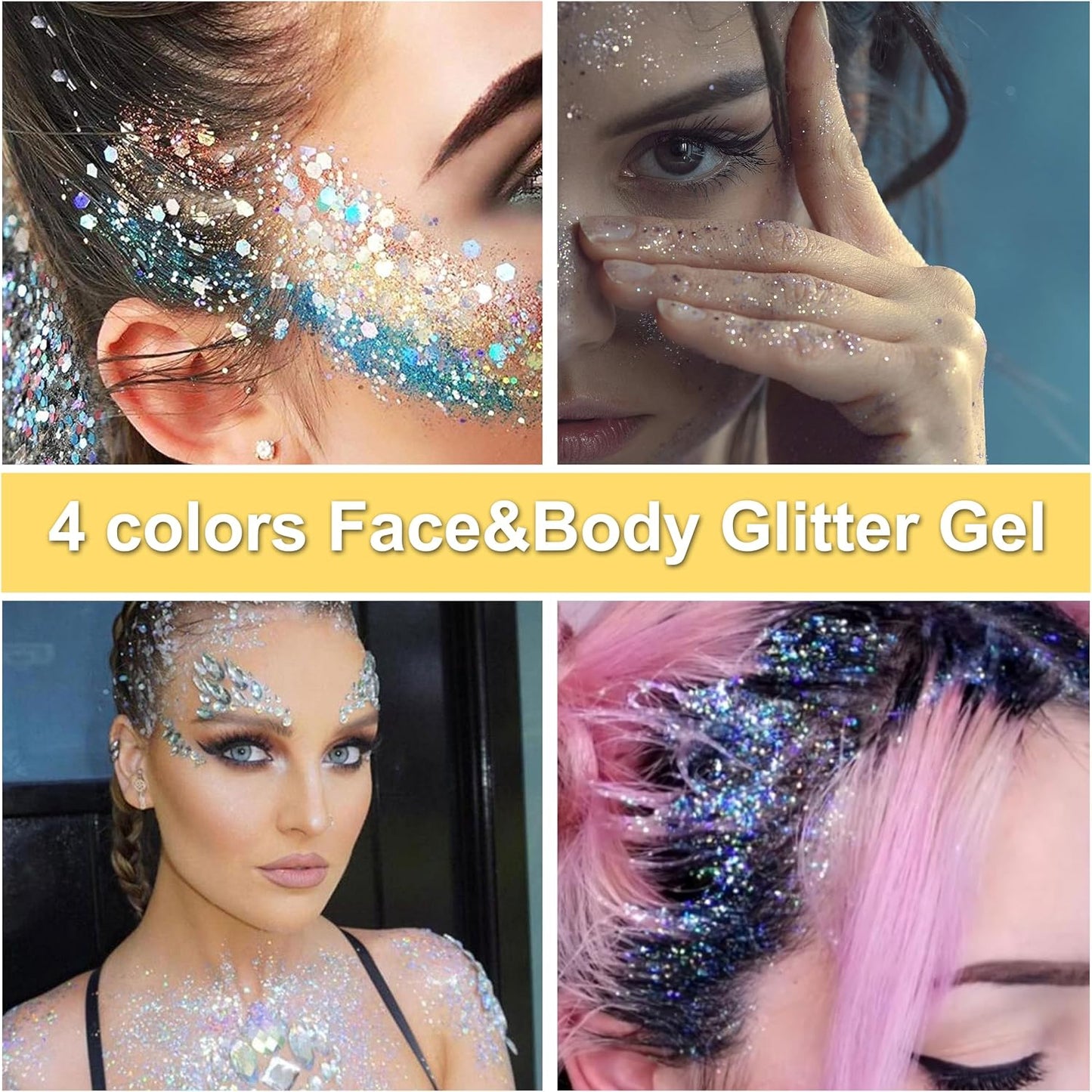 Body Glitter Gel,4pcs Face Glitter Hair Glitter Gel Set Festival Accessories for Body,Hair DIY Art Party Makeup Decoration