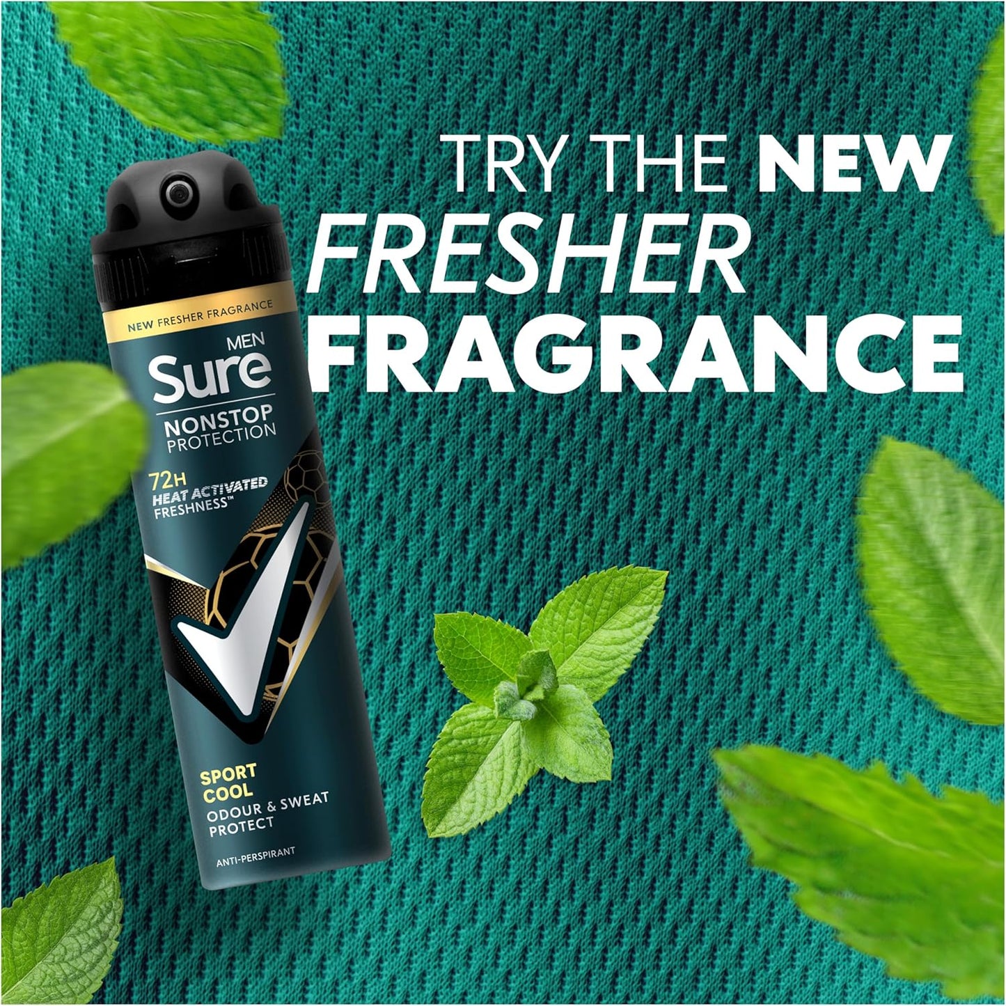 Sure Men Nonstop Protection Sport Cool Deodorant Body Spray Antiperspirant with a mint and citrus scent &amp; body heat activated technology for 72 hour odour and sweat protection 150 ml