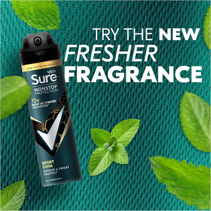Sure Men Nonstop Protection Sport Cool Deodorant Body Spray Antiperspirant with a mint and citrus scent &amp; body heat activated technology for 72 hour odour and sweat protection 150 ml