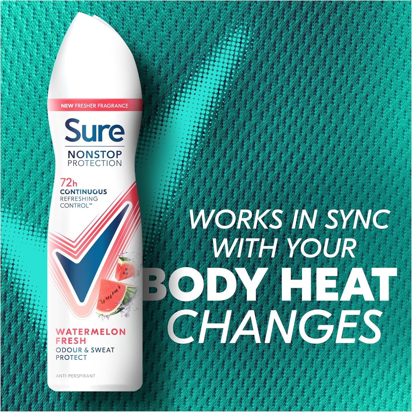Sure Nonstop Protection Watermelon Fresh Anti-Perspirant Aerosol Women's Deodorant Spray with Body Heat Activated tech. and a watermelon &amp; cactus scent for 72 hour odour and sweat protection 150 ml