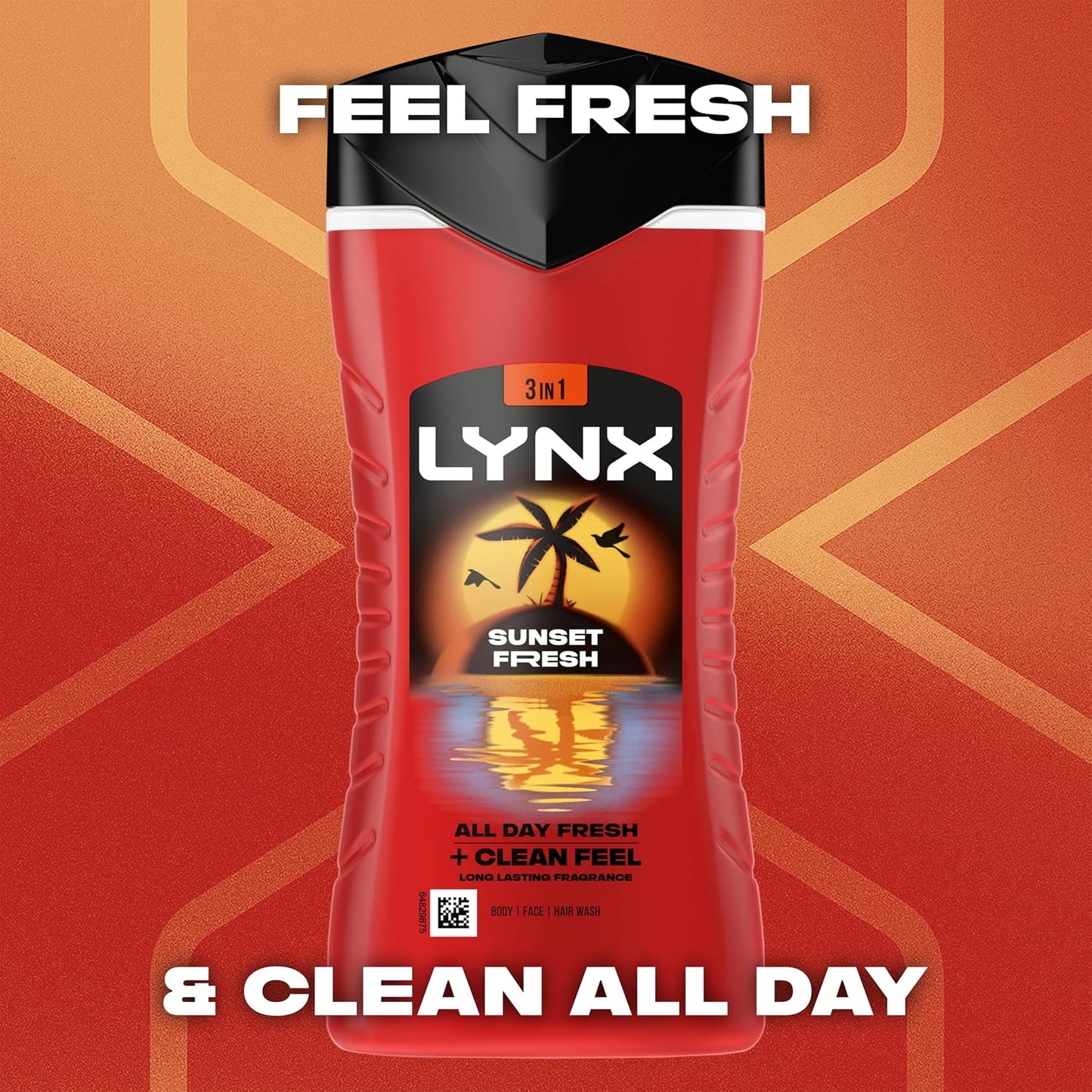 Lynx Sunset Fresh 3-in-1 Body Wash Men's Hair, Face and Body Cleanser with a mango &amp; mandarin scent for all-day freshness 6x 225 ml