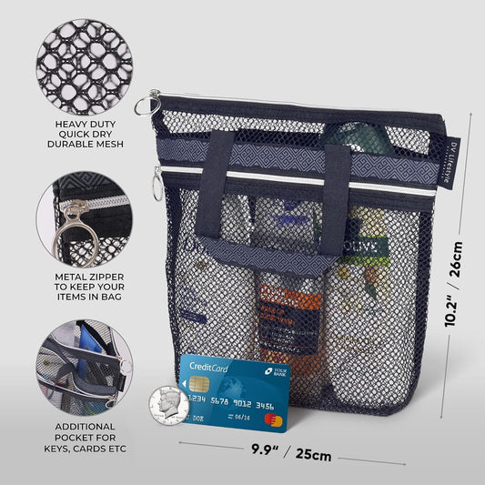 DV Lifestyle Mesh Shower Bag 25 x 26cm Caddy with Zipper &amp; 2 Pockets. Quick-Dry Portable Toiletry Tote for Bathroom, Gym, Travel, Camp, Beach, for Sunscreen, Dorm &amp; College Essentials (Black)