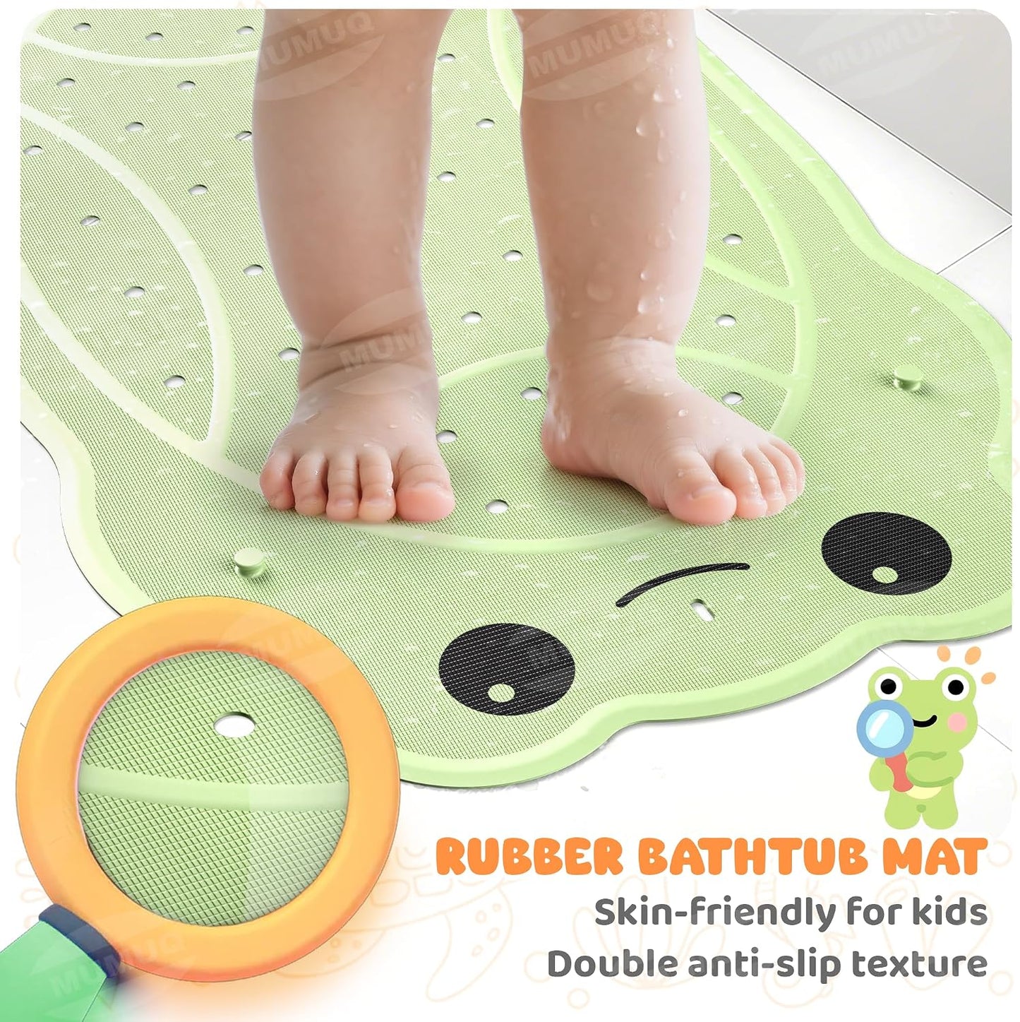 Baby Bath Mat Non Slip Anti Mould Rubber Shower Mat for Toddler and Kids Bath Mats for Tub Cartoon Frog Bathroom Mats with Suction Cups and Drain Holes 76 x 45 cm, Green
