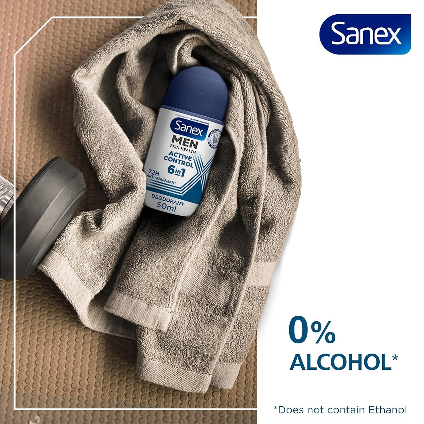 Sanex Men Active Control Antiperspirant Roll-On Deodorant 6x50ml, 72 hour sweat protection, anti-odour, long-lasting dryness, freshness, gentle on skin, antibacterial, 0% alcohol*