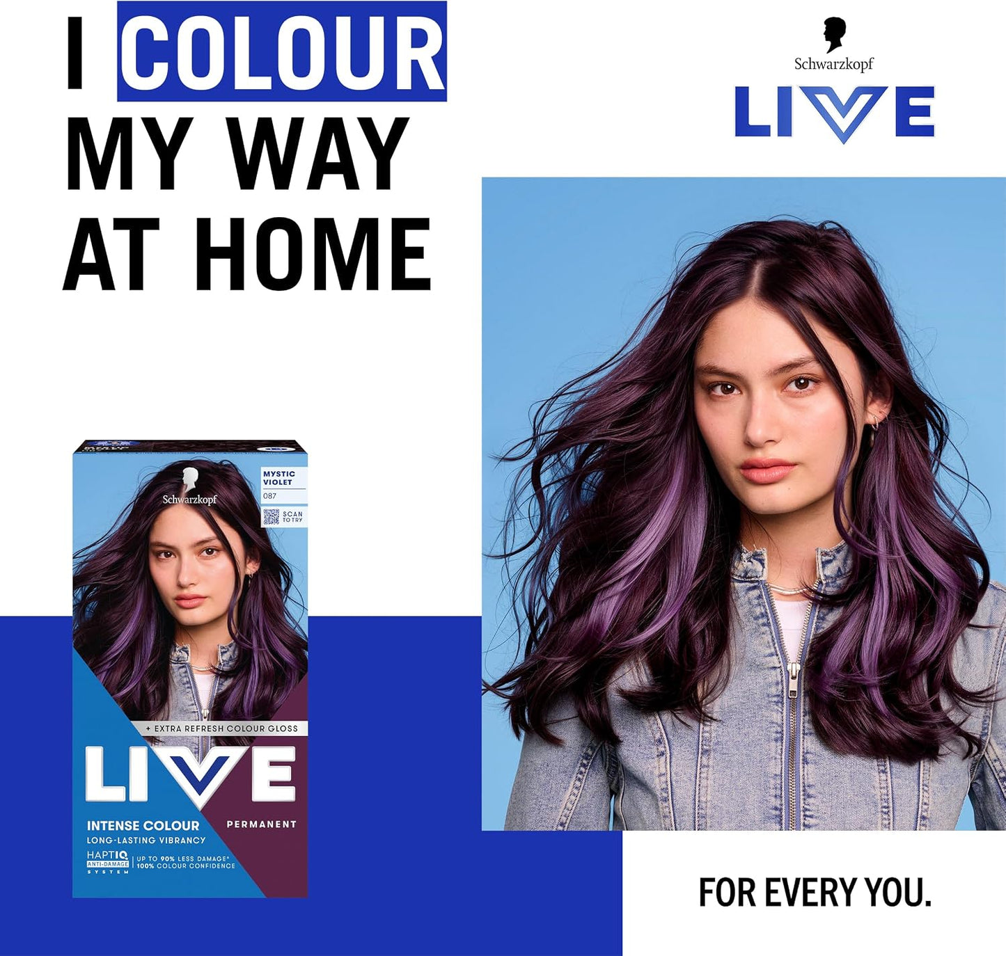 Schwarzkopf LIVE Intense Colour 087 Mystic Violet, Long-lasting Permanent Violet Hair Dye, With Extra Colour Refresh Gloss