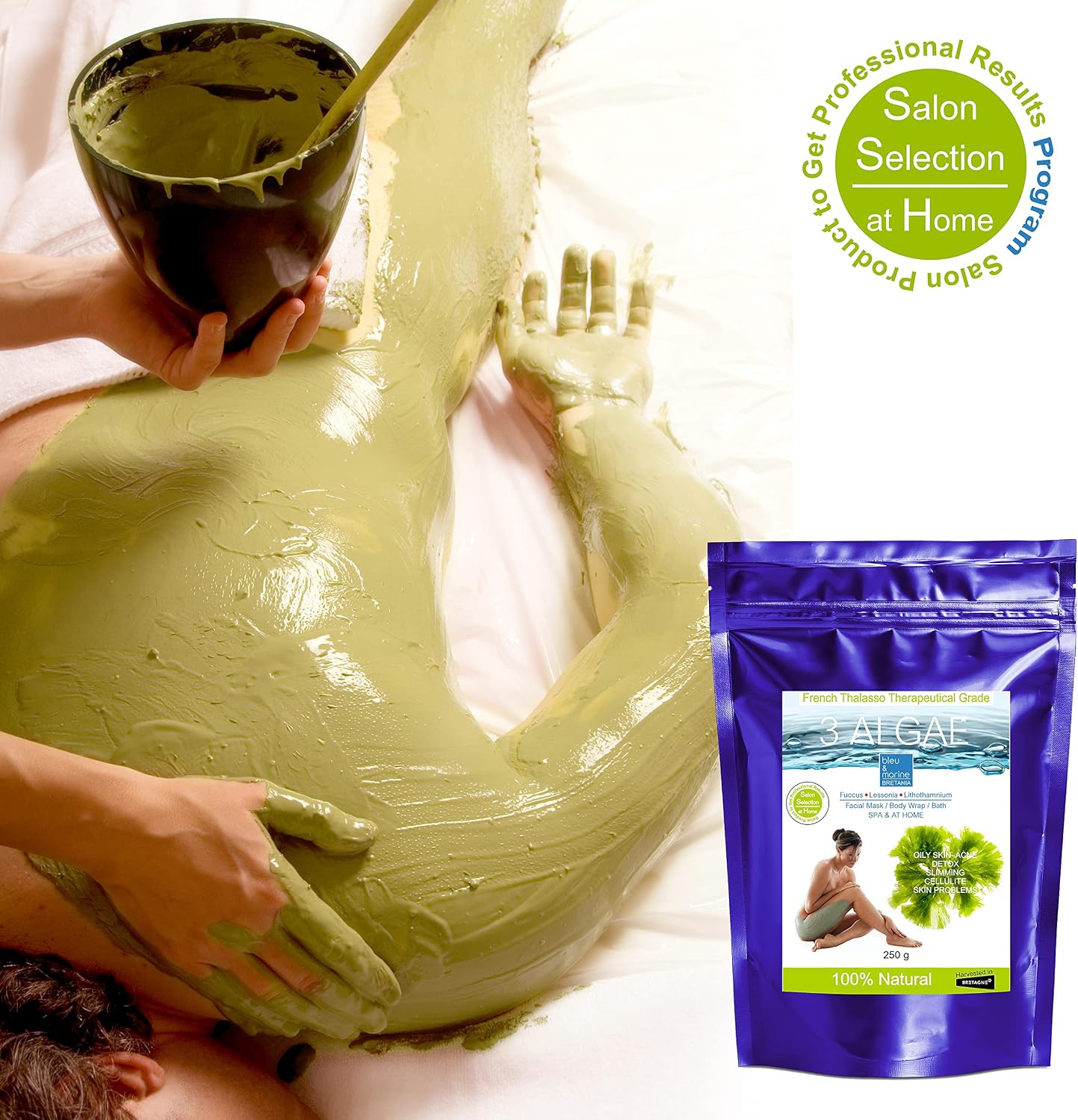 bleu &amp; marine Bretania - 250g Detox Seaweed Body Mud Wrap | Anti-Aging &amp; Skin Rejuvenating | Strong Detox Action | Inch-Loss Body Treatment | Solutions for Oily Skin &amp; Acne, 250 g Pack of 1