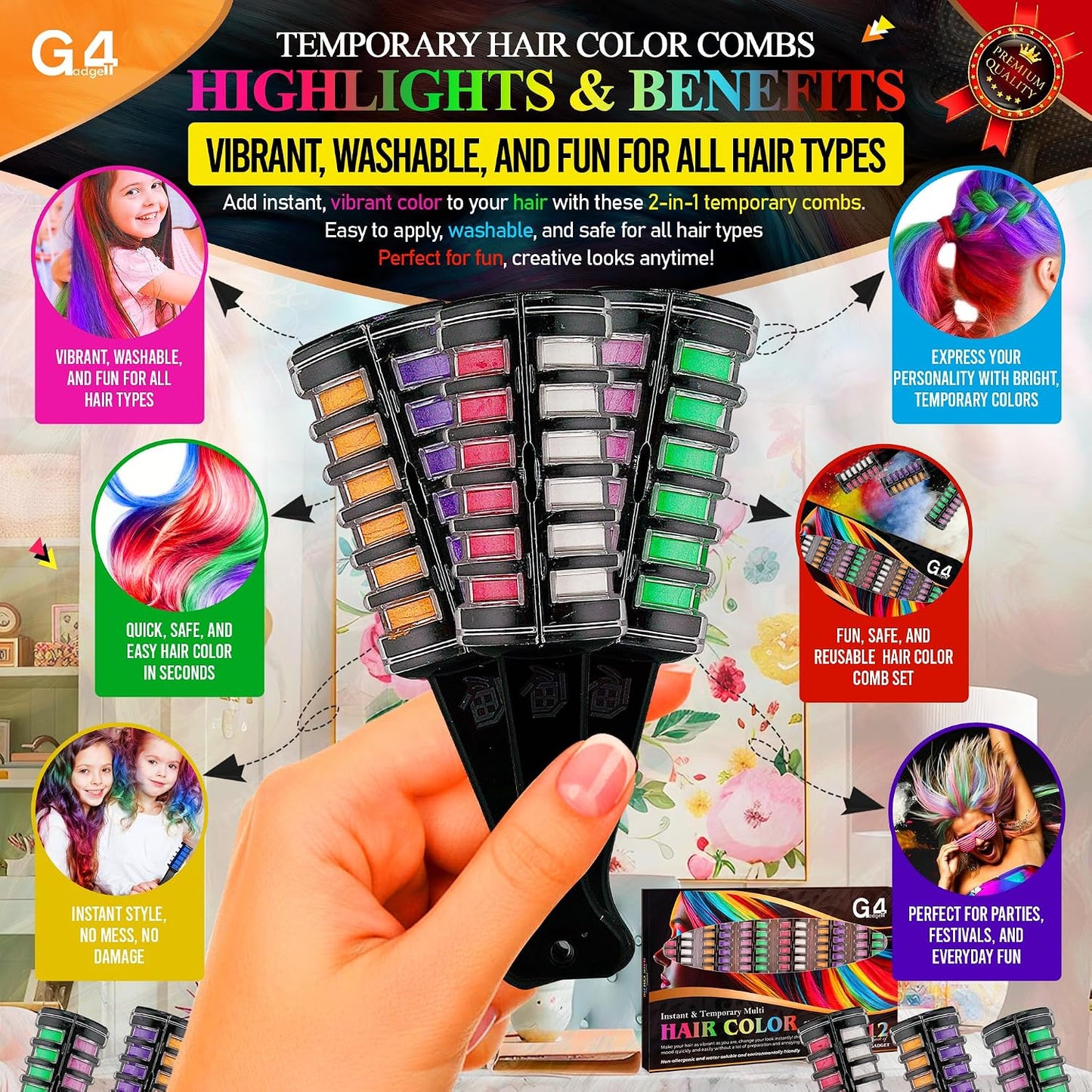 G4GADGET 2-in-1 Hair Chalk Comb Set – 12 Vibrant Temporary Hair Colours (6 Dual Combs) | Instant Washable Non-Toxic Hair Dye for Girls, Kids &amp; Women | Fun Party, Cosplay &amp; Festival Hair Colour Gift Se