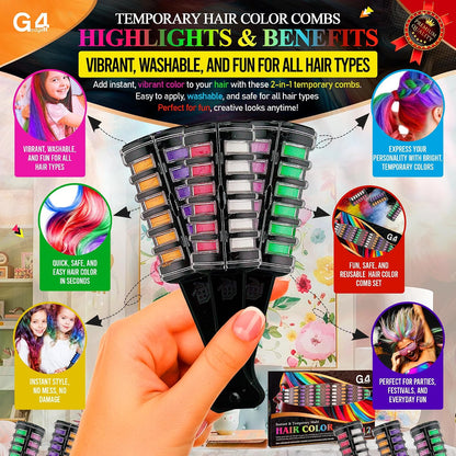 G4GADGET 2-in-1 Hair Chalk Comb Set – 12 Vibrant Temporary Hair Colours (6 Dual Combs) | Instant Washable Non-Toxic Hair Dye for Girls, Kids &amp; Women | Fun Party, Cosplay &amp; Festival Hair Colour Gift Se