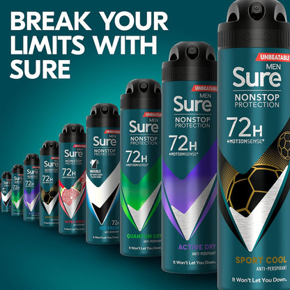 Sure Men Sport Cool Nonstop Protection Anti-perspirant Deodorant Aerosol MotionSense technology anti-perspirant deodorant spray 72h protection against sweat and odour 150 ml (Pack of 3)