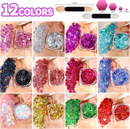 Teenitor Body Glitter Face Glitter Festival Hair Glitter Gel, 12 Colors of Glitter Gel for Face and Body Hair Makeup Rave