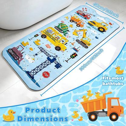UNEEDE Baby Bath Mat Non Slip - 100x40cm Extra Long Kids Bathtub Mat with 200+ Suction Cups, Construction Vehicles Excavator Pattern, Soft Shower Mat for Toddlers &amp; Boys, Blue