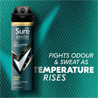 Sure Men Nonstop Protection Sport Cool Deodorant Body Spray Antiperspirant with a mint and citrus scent &amp; body heat activated technology for 72 hour odour and sweat protection 150 ml