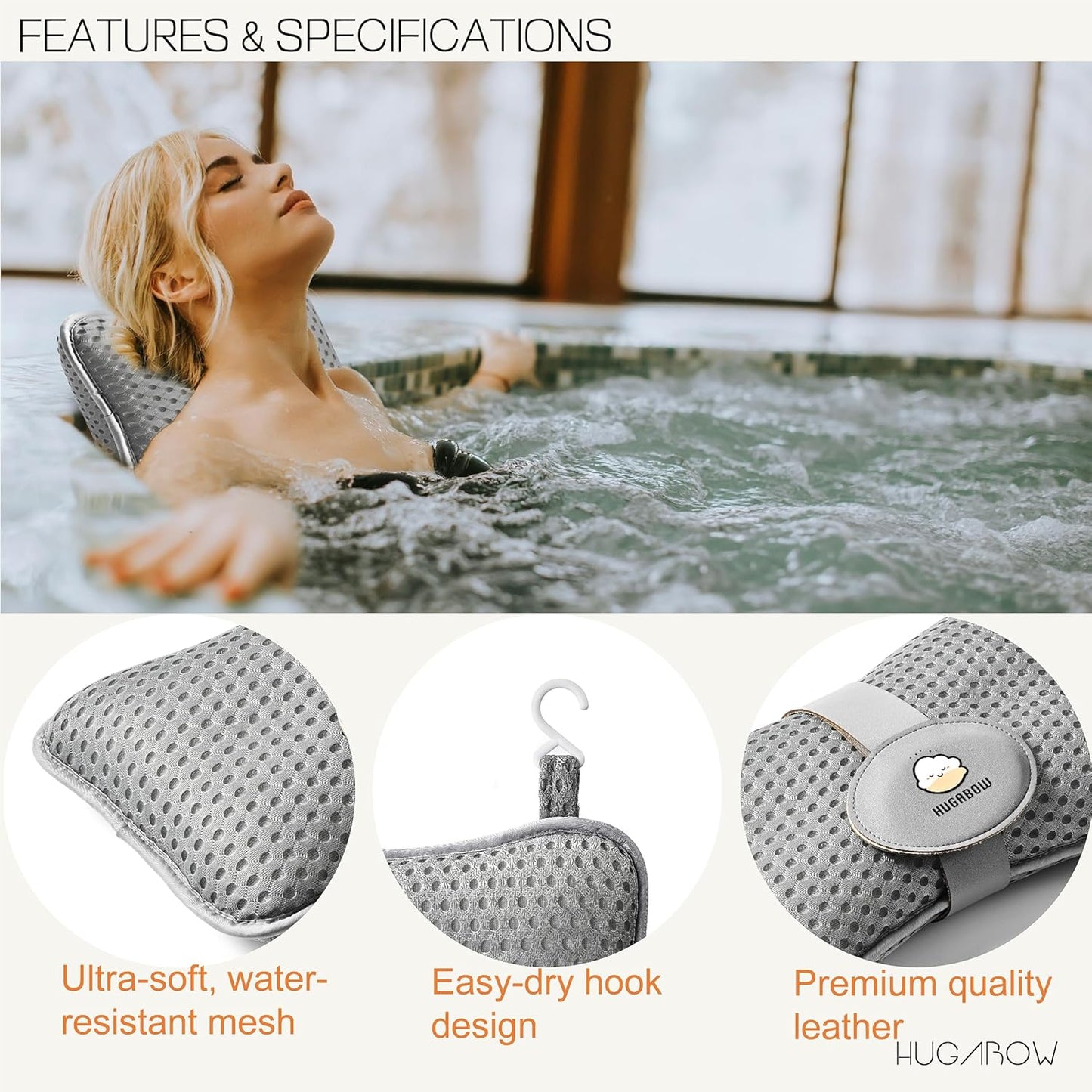 2-Pack Large Pillow for Hot Tub (Grey), Spa, and Chaise Lounge - Universal Headrest &amp; Neck Support Cushion, Adjustable Height with Long Strap, Easy Drying with Hook (2-Pack)