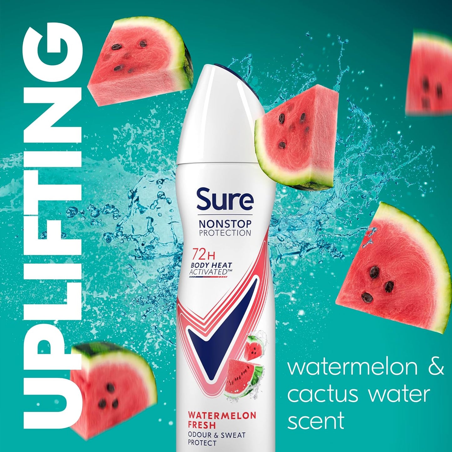 Sure Nonstop Protection Watermelon Fresh Anti-Perspirant Aerosol Women's Deodorant Spray with Body Heat Activated tech. and a watermelon &amp; cactus scent for 72 hour odour and sweat protection 150 ml