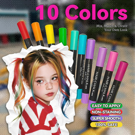 10 Colors Dustless Hair Chalk for Kids, Washable Temporary Hair Color Pens, Easy to Apply &amp; Wash Out, Kid-Safe Non-Toxic, Fun Gifts for Girls &amp; Teens, Parties, Dress Up &amp; Creative Play