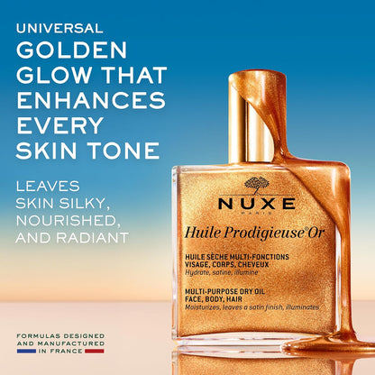 Nuxe Huile Prodigieuse Shimmering Dry Oil, Gold-Flecked Dry Oil, Illuminates &amp; Softens Face, Body &amp; Hair, Multi-Purpose Nourishment, Vegan Formula