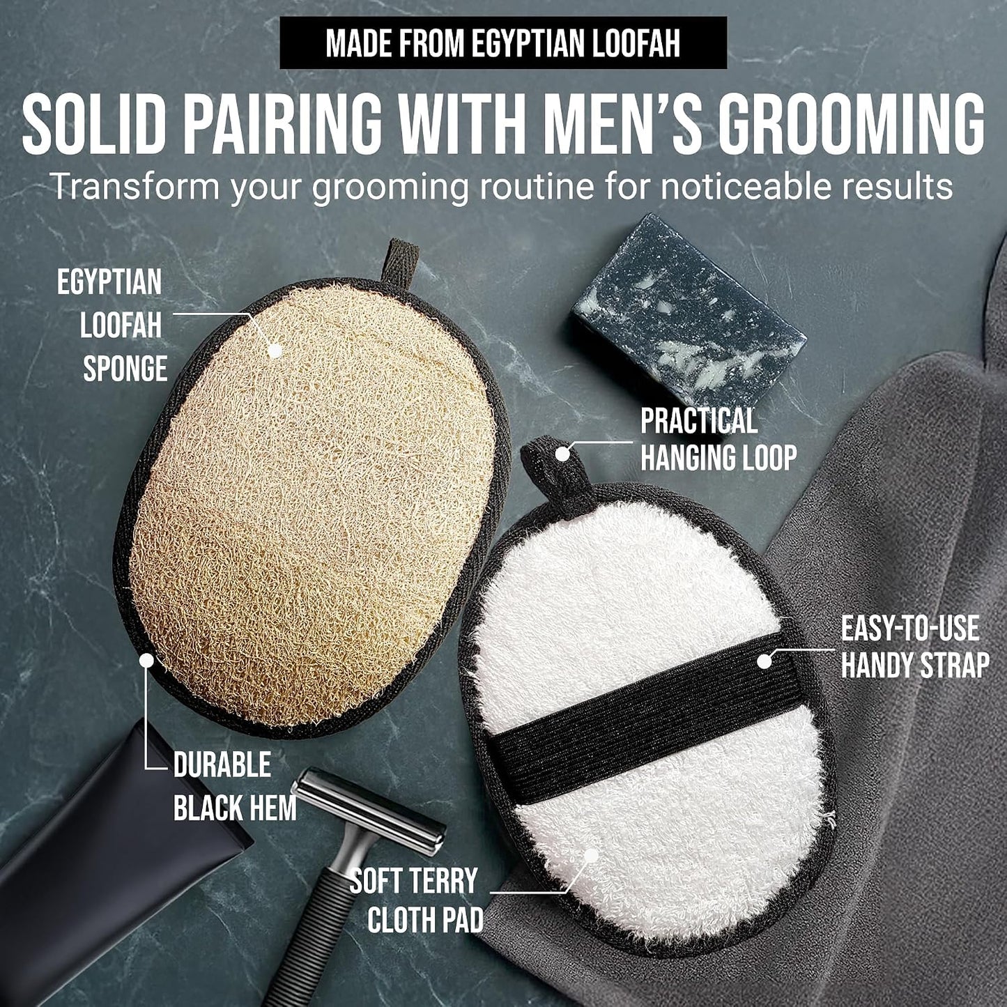 CraftsOfEgypt Men’s Loofah Body Scrubber - Egyptian Luffa Sponge Shower Pad for Male Hygiene Essentials, Dual-Sided Loofah Mitt and Body Wash Scrubber for Back, Chest and Bath - Black &amp; White, 2PCS