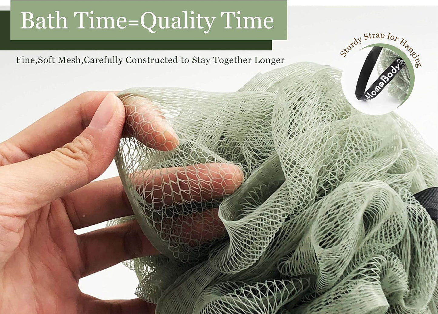 myHomeBody Large 70g Loofah Sponge, Bath Body Scrubber for Women, Men, Exfoliating Shower Pouf with Activated Charcoal - 2 Graphite Gray + 1 Sage Green, 3 Pack