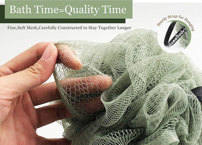 myHomeBody Large 70g Loofah Sponge, Bath Body Scrubber for Women, Men, Exfoliating Shower Pouf with Activated Charcoal - 2 Graphite Gray + 1 Sage Green, 3 Pack