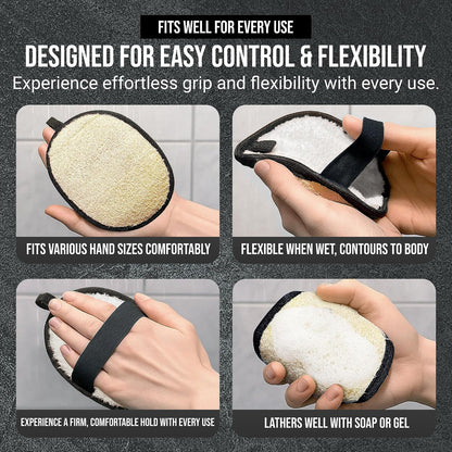 CraftsOfEgypt Men’s Loofah Body Scrubber - Egyptian Luffa Sponge Shower Pad for Male Hygiene Essentials, Dual-Sided Loofah Mitt and Body Wash Scrubber for Back, Chest and Bath - Black &amp; White, 2PCS